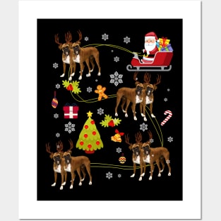 Boxer Dog Christmas Tree Santa Hat Lights Posters and Art